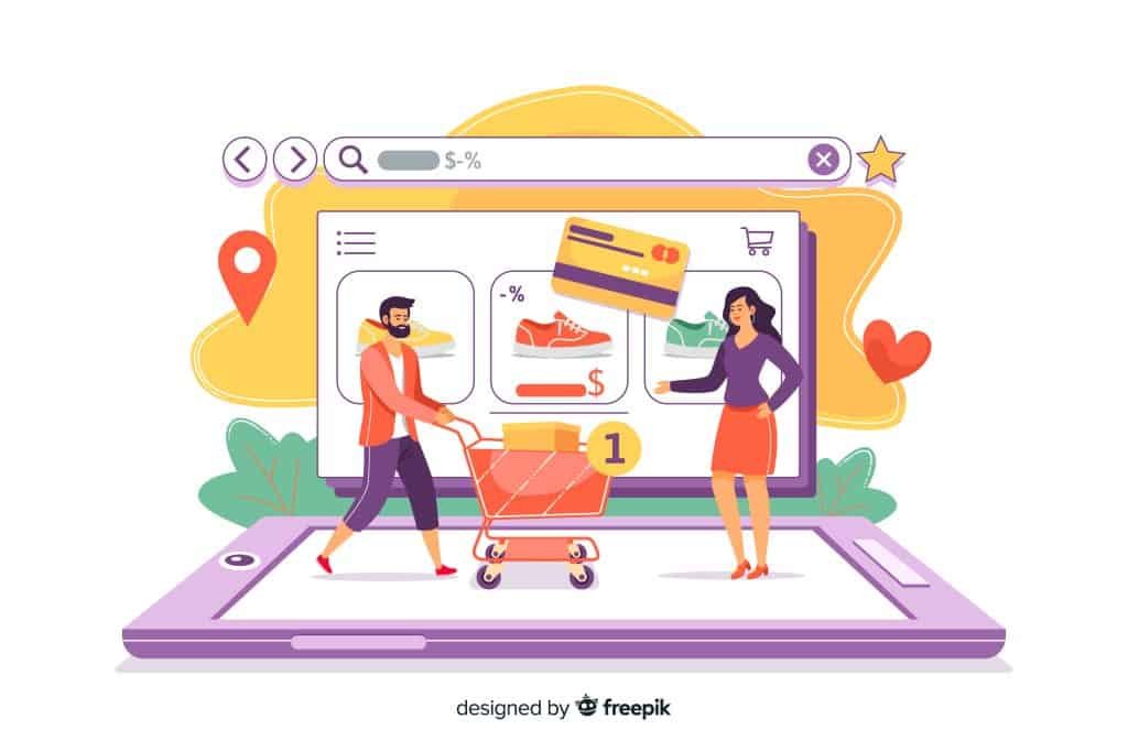 cartoon image of online shopping website where a girl and boy are doing shopping. What is e-commerce platform