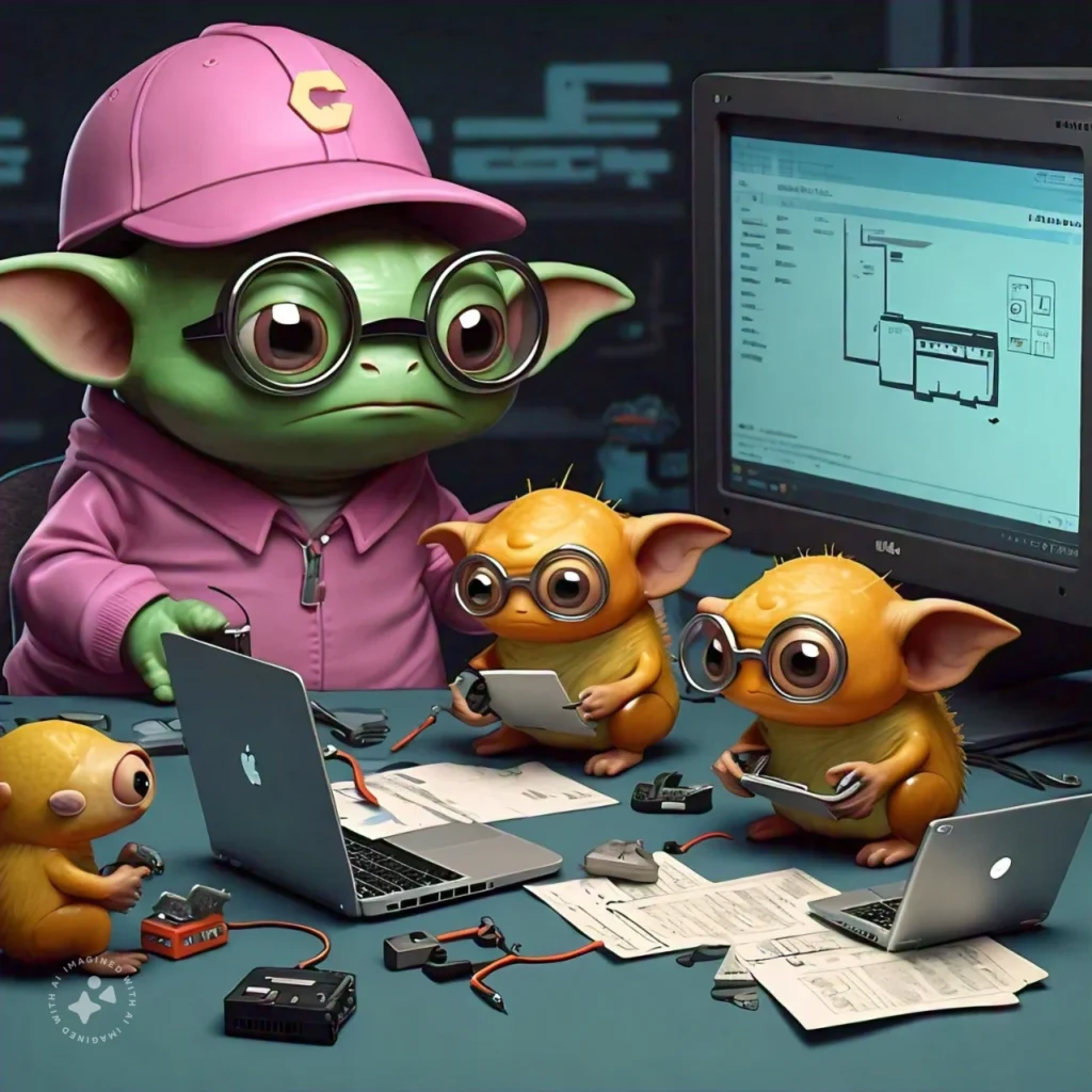 cute cartoon creatures working on computer writing role based prompt engineering