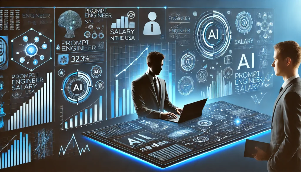A modern and visually engaging digital illustration of a prompt engineer working on AI models, coding, and interacting with AI interfaces. The image features AI-related icons, data graphs displaying salary growth trends, and a futuristic digital interface with sleek blue and dark tones, representing the AI industry. Designed for readability and high visual appeal, optimized for web use @withO2.com