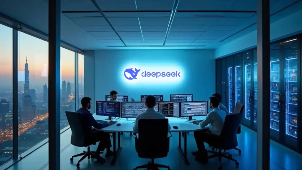 DeepSeek AI team working in a high-tech office with the DeepSeek logo illuminated, overlooking a city skyline at sunset © withO2.com