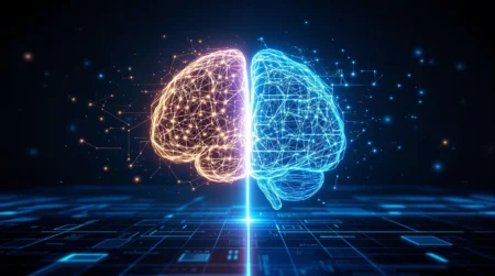 Illustration of Chain of Draft (CoD) concept, showing a futuristic digital brain transitioning from a complex, verbose thought process on the left to a streamlined, efficient reasoning process on the right, connected by a glowing energy pathway. The background features a high-tech cybernetic interface with neon blue highlights.