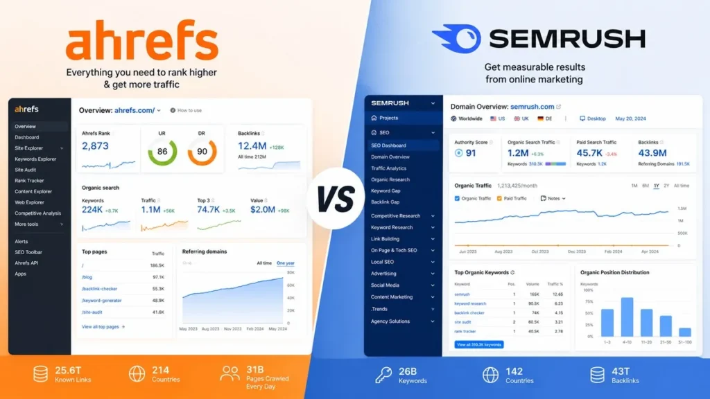 Ahrefs vs SEMrush 2026: Which SEO Tool Is Better? Ahrefs vs SEMrush 2026 comparison for backlinks keyword research and content SEO tools