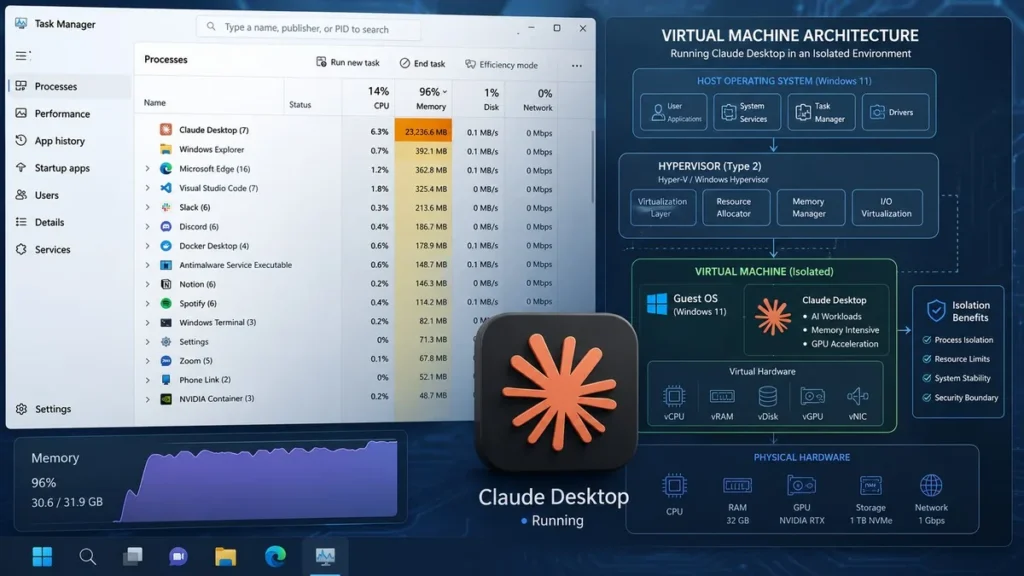 Claude Desktop Is Eating 1.8 GB of Windows RAM — Here’s Why Claude Desktop Windows app consuming 1.8 GB RAM by launching a hidden Hyper-V virtual machine on startup