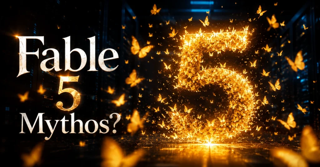 Claude Fable 5 Is Here — the First Mythos-Class AI Anyone Can Use Claude Fable 5 launch — glowing 5 made of butterflies over a dark server room