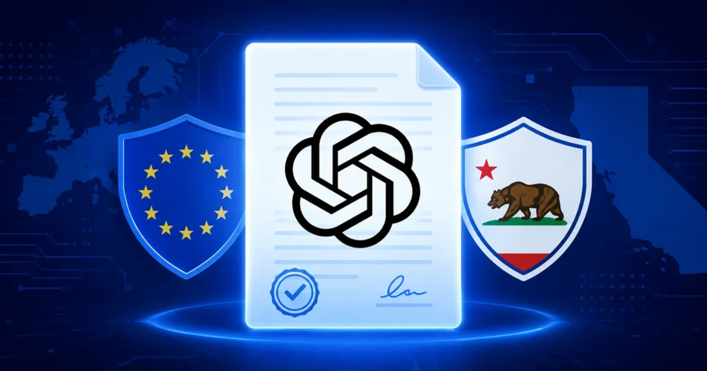 OpenAI Frontier Governance Framework — AI safety policy document with EU and California compliance shields