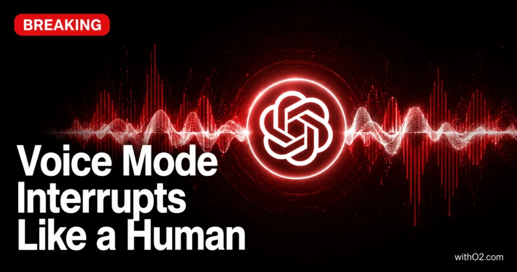 openai new voice mode bidi1 — breaking news cover with ChatGPT logo and bidirectional sound waves on dark background