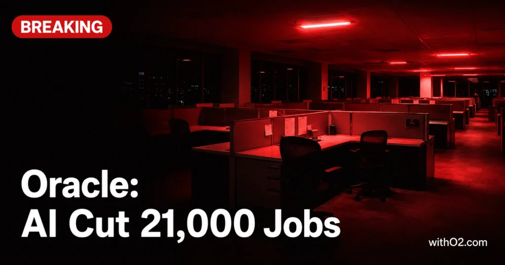 Oracle AI layoffs 2026 — empty corporate office with red emergency lighting representing 21,000 job cuts