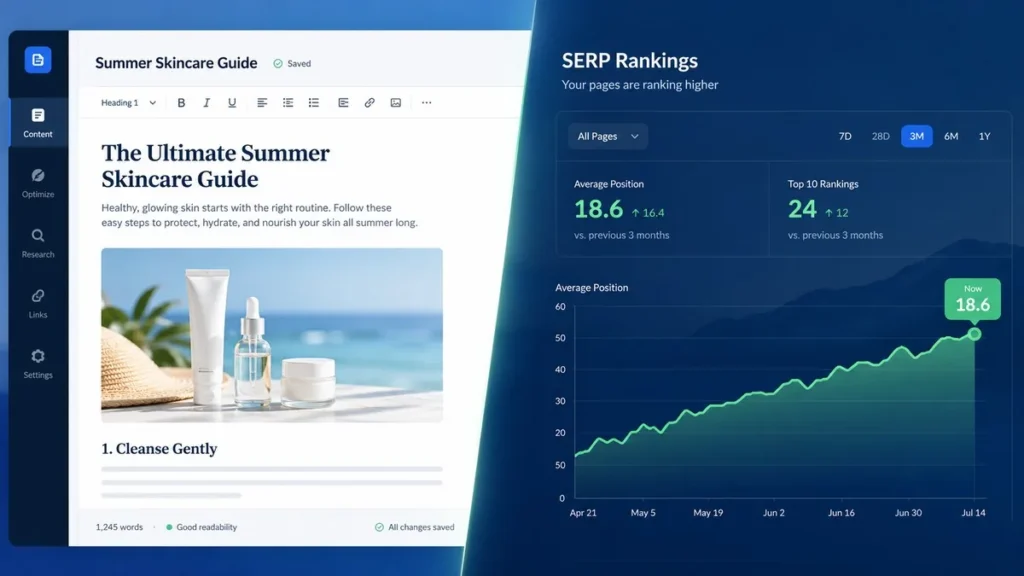 Surfer SEO review 2026 — laptop showing content editor dashboard with keyword analysis on dark warm background