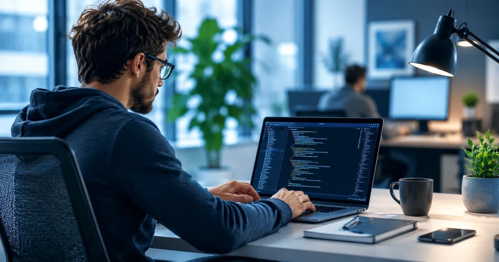 Uber employee using AI coding tool at laptop in office, enterprise AI spending