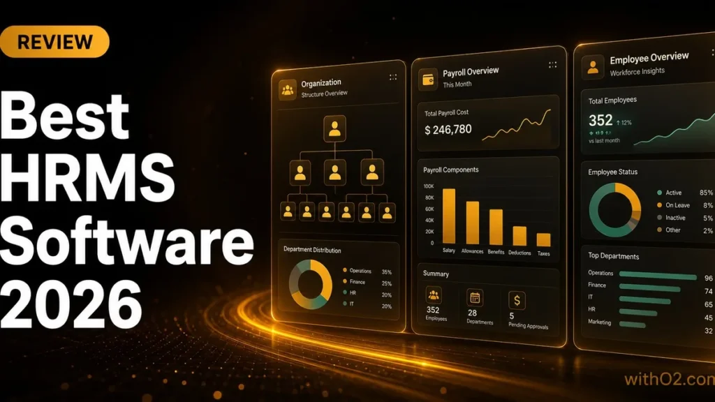 Best HRMS software 2026 review — top 10 HR systems comparison on dark editorial background