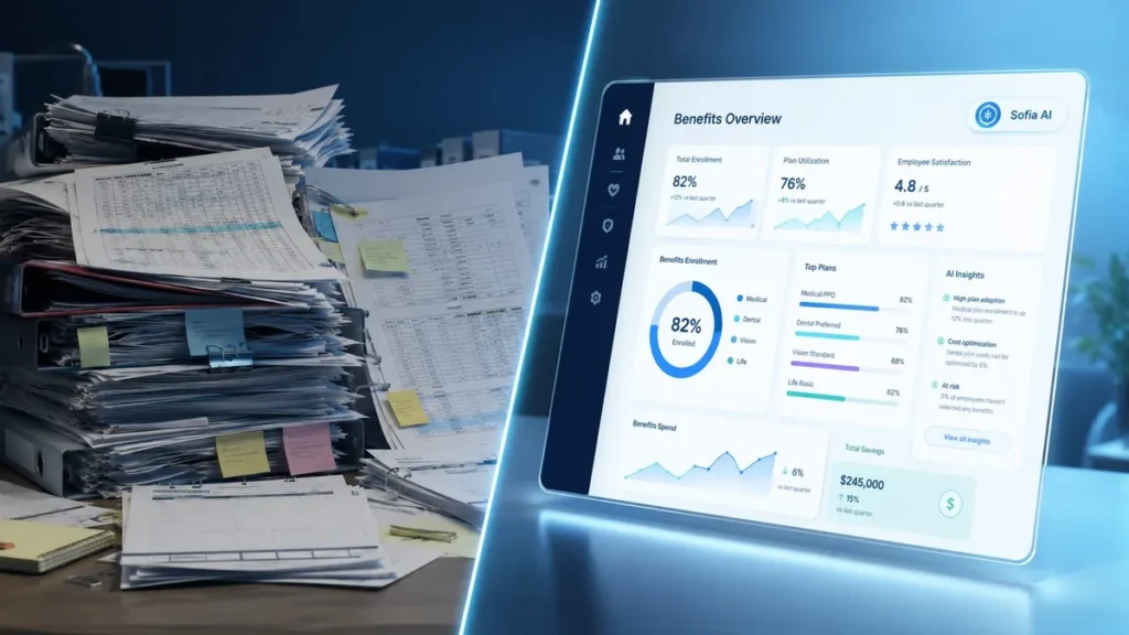 Businessolver Cuts HRMS Onboarding Effort 40% With Sofia AI Agent Businessolver Sofia AI dashboard replacing spreadsheet-based HRMS benefits onboarding