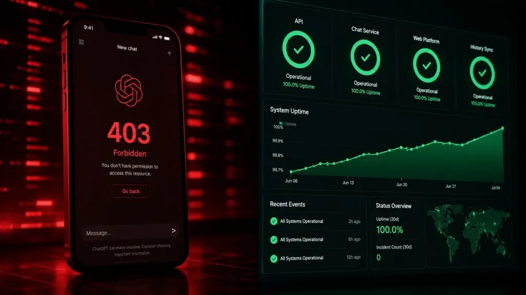 ChatGPT Down: iOS 403 Outage — What Happened July 12 ChatGPT down: iOS 403 error on phone beside a green OpenAI status dashboard