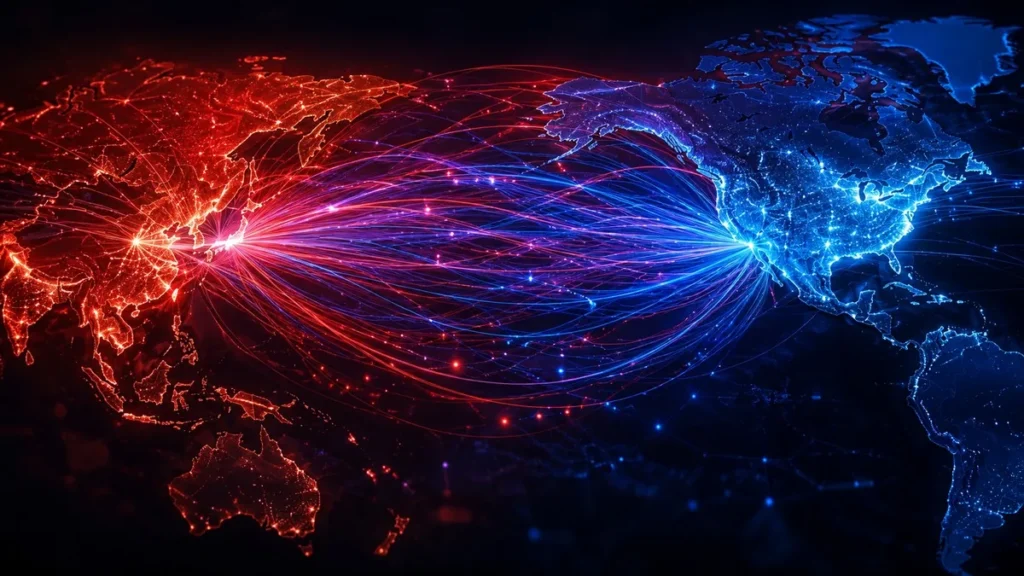 Chinese AI models US developer traffic — glowing East-to-West data flow map on dark background