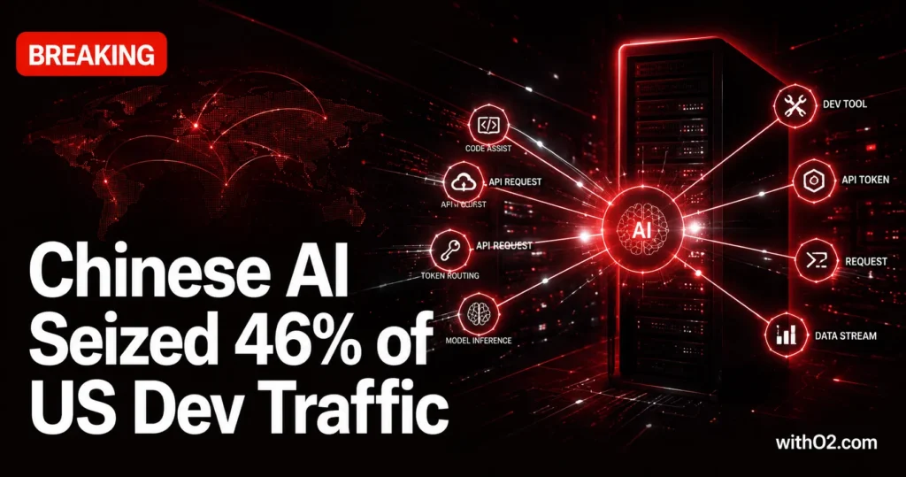 Chinese AI Models Hit 46% of US Dev Traffic — Up From 11% Chinese AI models now route 46% of US developer tokens on OpenRouter — breaking news magazine cover on dark background
