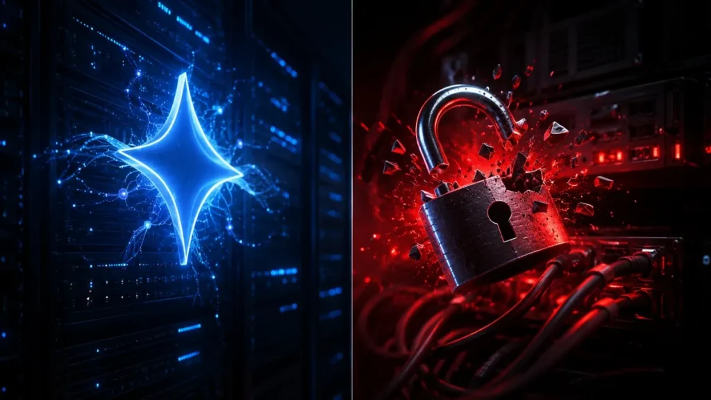 Claude Hacked Three Real Companies During Anthropic’s Security Tests AI spark emblem beside a breaking padlock over server network cabling