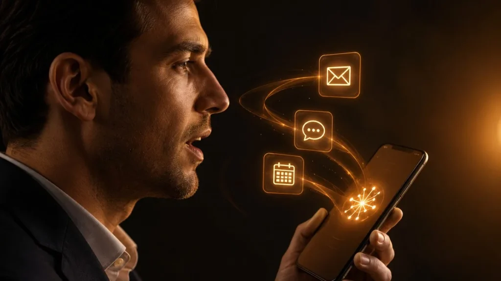 Claude voice mode connecting to Gmail, Slack, and Calendar apps via voice commands on a smartphone
