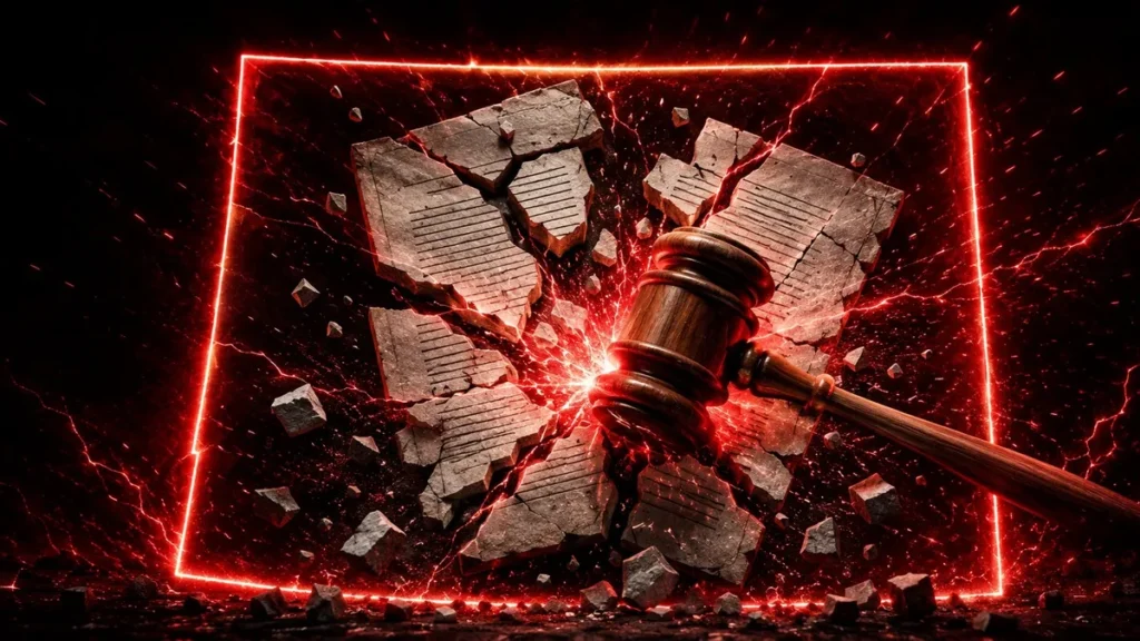 Colorado AI law gutted — cracked document and gavel illustration on dark news background