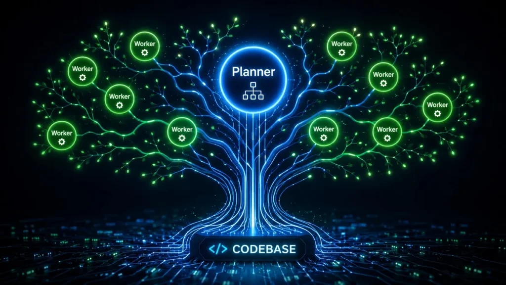 Cursor’s Agent Swarm Rebuilt SQLite for $1,339 — Here’s What It Means Cursor AI agent swarm diagram showing planner nodes delegating to worker nodes, 2026