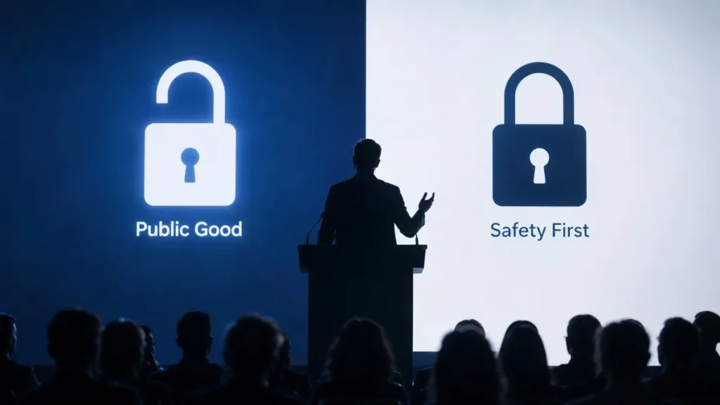Dario Amodei: Anthropic Has Never Wanted to Ban Open-Weight AI Silhouetted speaker between open and closed padlocks representing Anthropic's open-weight AI position
