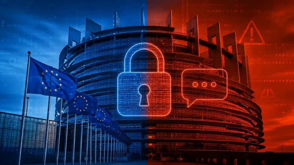 EU Votes to Let Big Tech Scan Your Messages Until 2028 EU Parliament building with digital message scanning overlay