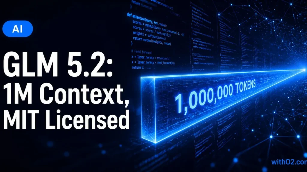 GLM 5.2 Zhipu AI 1M context window — electric blue AI editorial on dark navy background with code fragments