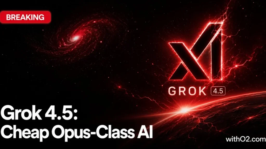 Grok 4.5 SpaceXAI launch — breaking news editorial cover with xAI logo on dark cosmic backdrop