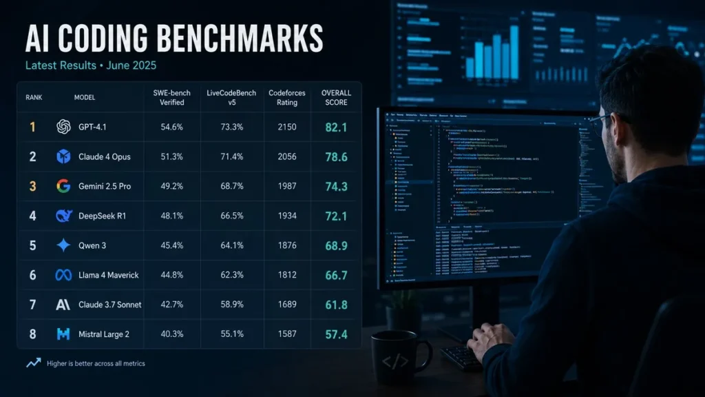 AI coding benchmarks comparison chart showing SWE-bench CursorBench and HumanEval scores 2026