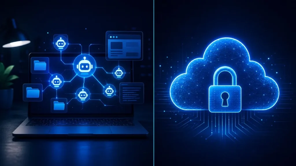 Kimi Work local AI agent running 300 sub-agents on desktop vs cloud AI comparison, 2026