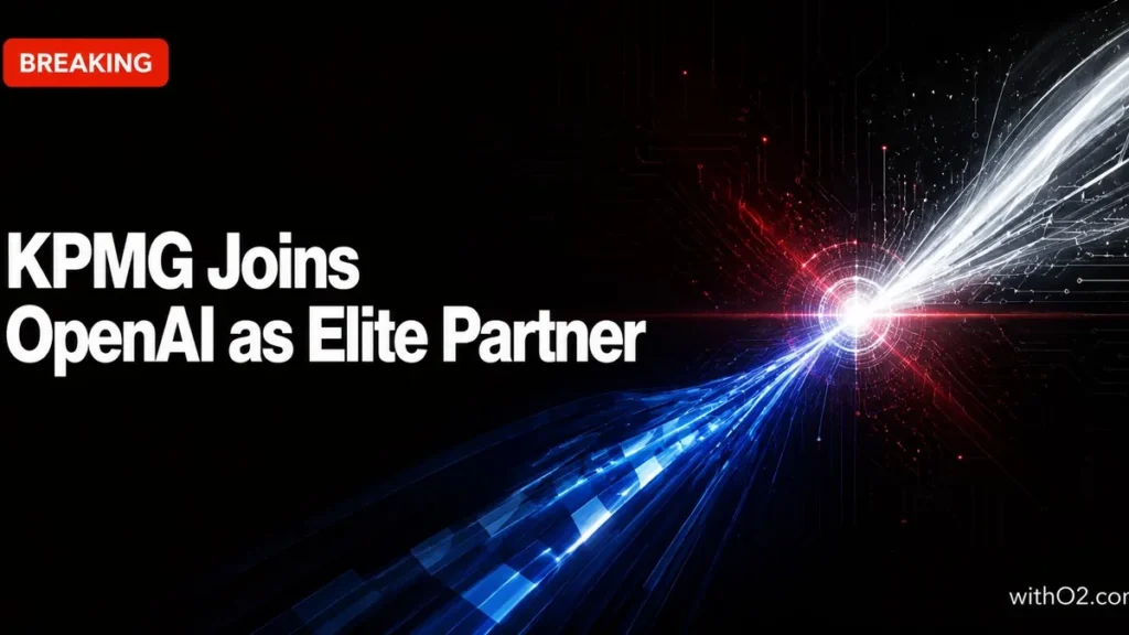 KPMG OpenAI elite partner enterprise AI — two corporate energy beams converging on dark background