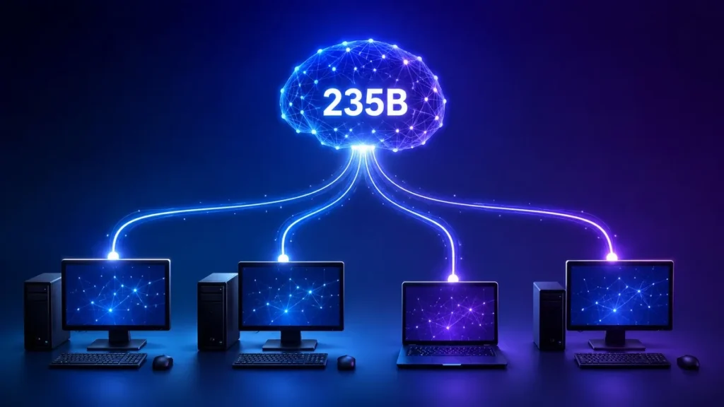 Four consumer PCs linked by peer-to-peer network lines pooling into one large AI model node