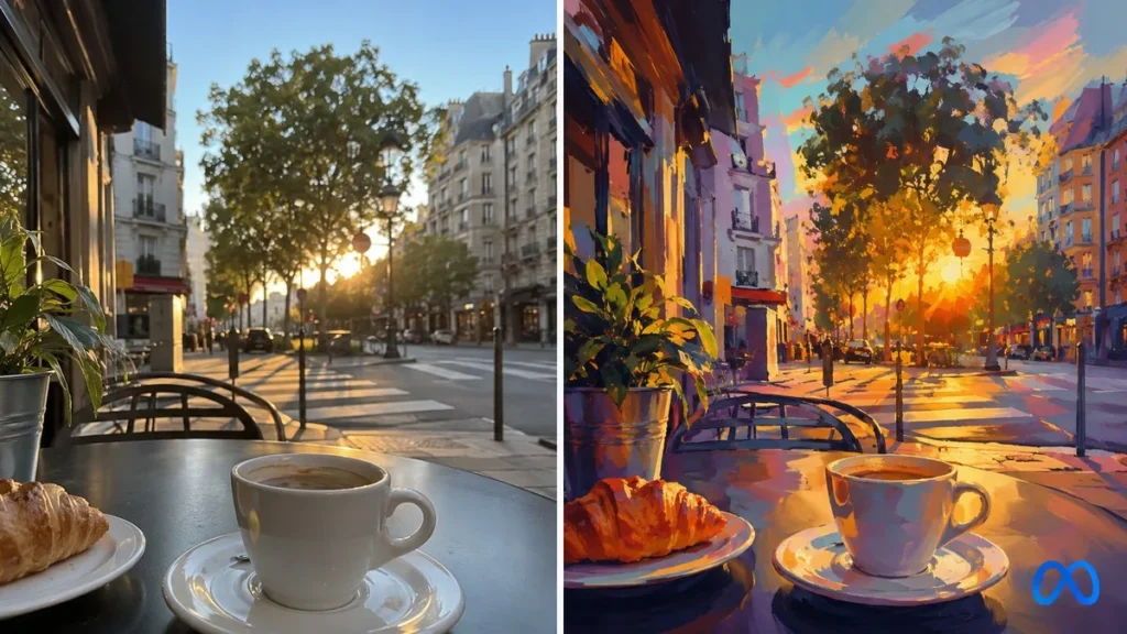 Meta Muse Image AI photo generator restyling an Instagram-style photo on Windows and mobile