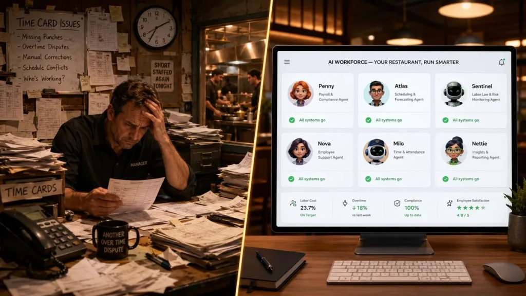 Netchex Mesh dashboard showing six named AI HR agents — Penny, Atlas, Sentinel, Nova, Milo, and Nettie — for deskless workforce management