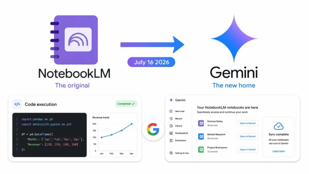 NotebookLM rebranded as Gemini Notebook with new Gemini gradient logo July 2026
