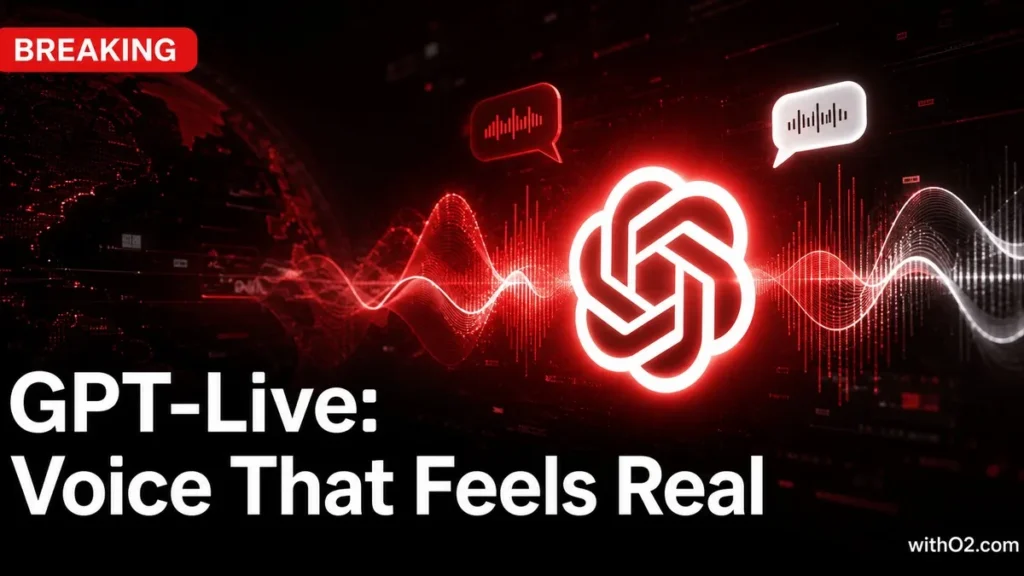 OpenAI GPT-Live full-duplex ChatGPT voice model — breaking news editorial cover with red waveforms on dark background