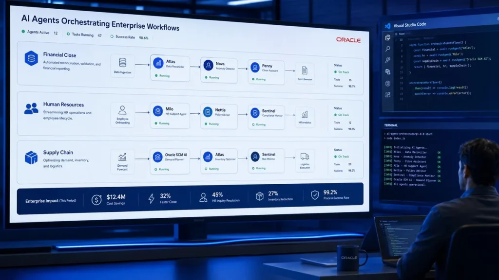 Oracle AI agents running across a Fusion business workflow beside developer coding tools
