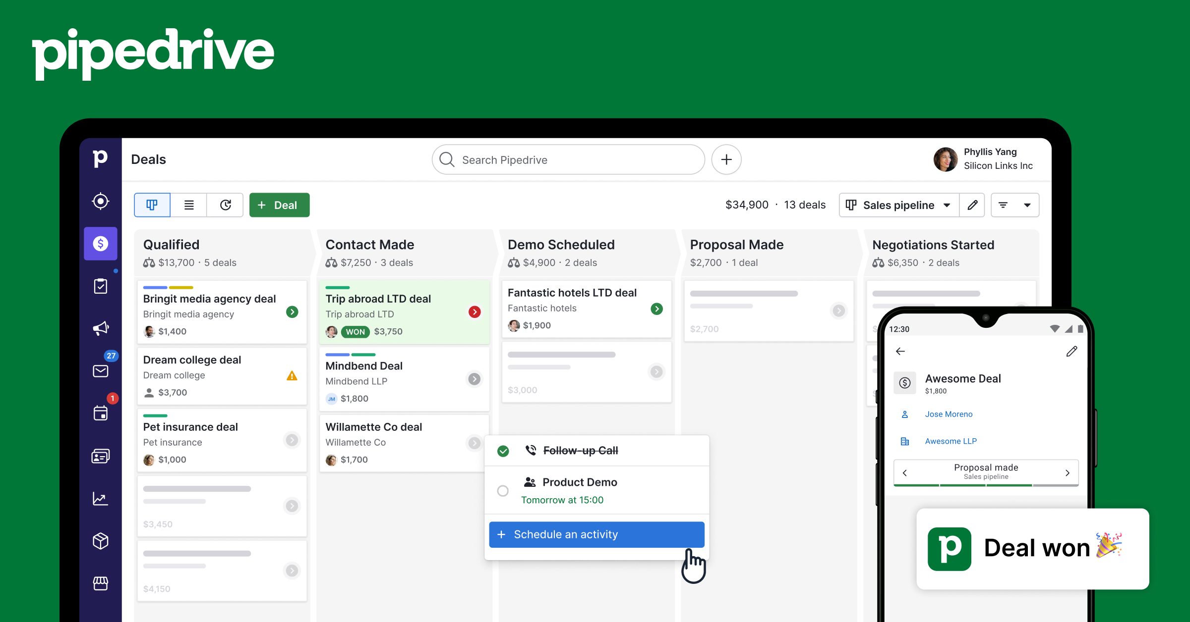 Pipedrive CRM visual pipeline board showing deal stages and sales activities