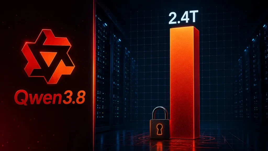 Qwen3.8 model parameter tower showing 2.4 trillion parameters beside a locked open-weight release padlock