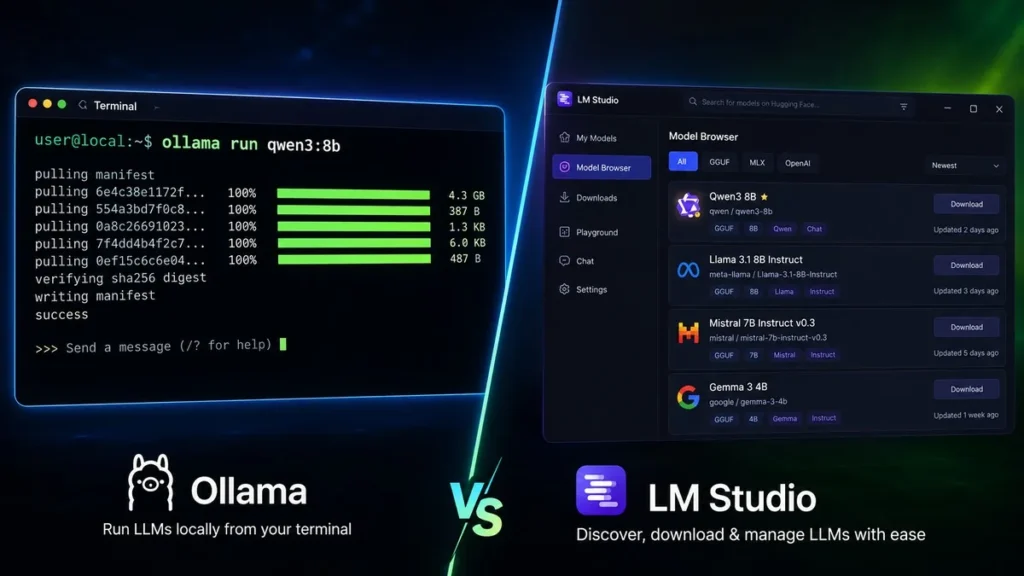 run LLM locally 2026 — Ollama terminal and LM Studio GUI side by side