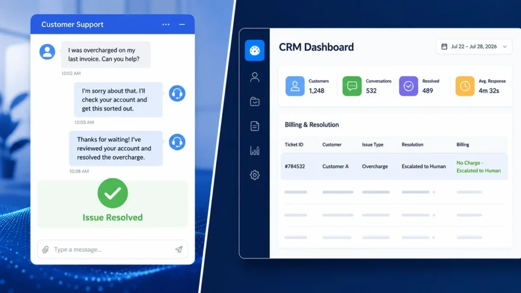 Customer support chat resolved by an AI agent beside a CRM billing panel showing no charge for an escalated ticket