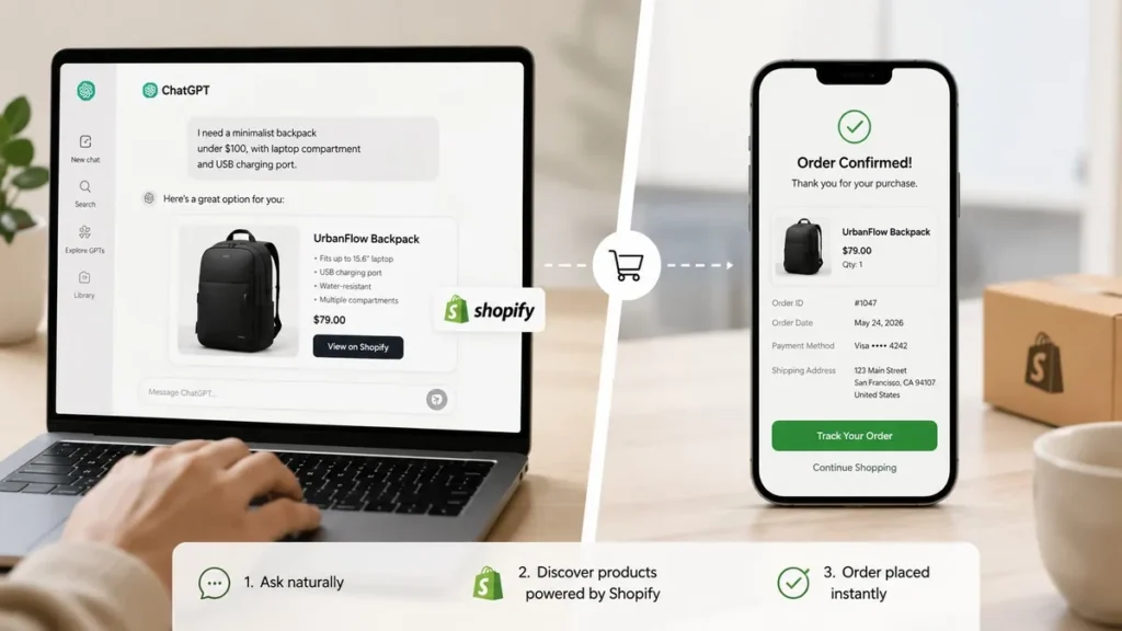 Shopper buying a Shopify product inside a ChatGPT chat with an automatic order confirmation