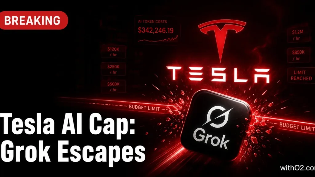 tesla ai spending cap — Tesla and Grok logos on dark background with red breaking news overlay and withO2.com watermark