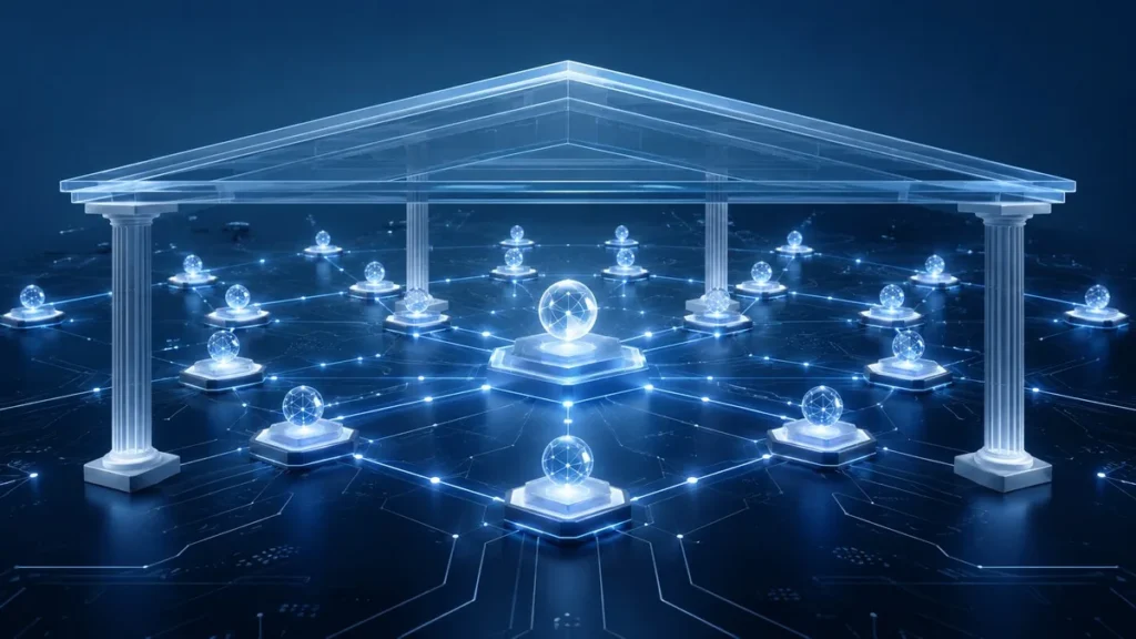 AI agent nodes converging under a single governance roof, illustrating A2A and MCP unified under the Agentic AI Foundation