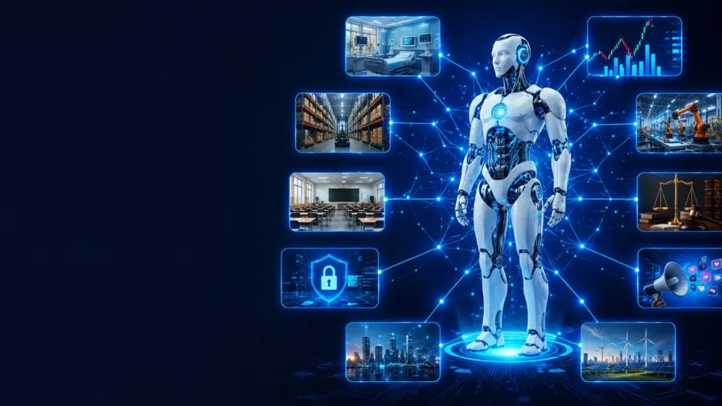 Humanoid AI robot at the center of an industry panel network — healthcare, finance, retail, legal, and cybersecurity use cases