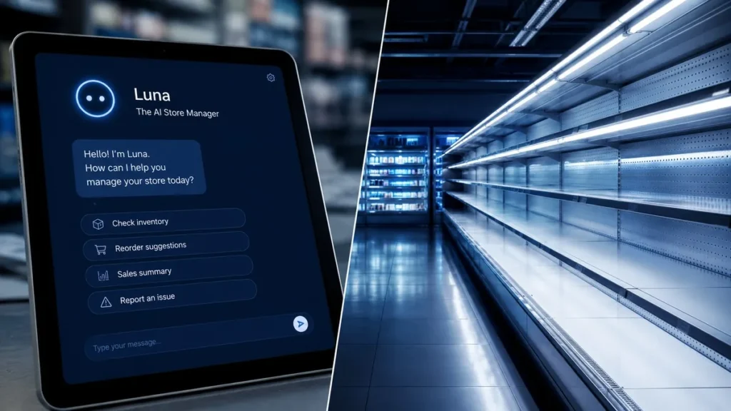 Luna AI store manager interface beside empty retail store shelf
