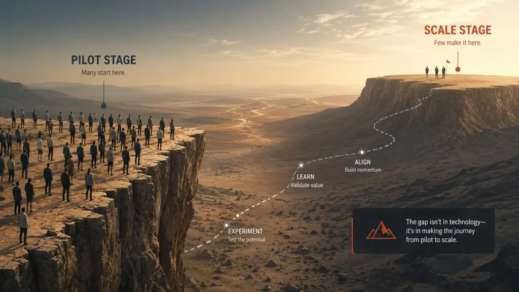 AI Agents Hit Death Valley: 99% Plan Them, Only 10% Ship Crowd of business figures at the edge of a desert valley with only a few reaching the far plateau, illustrating the AI agent production gap