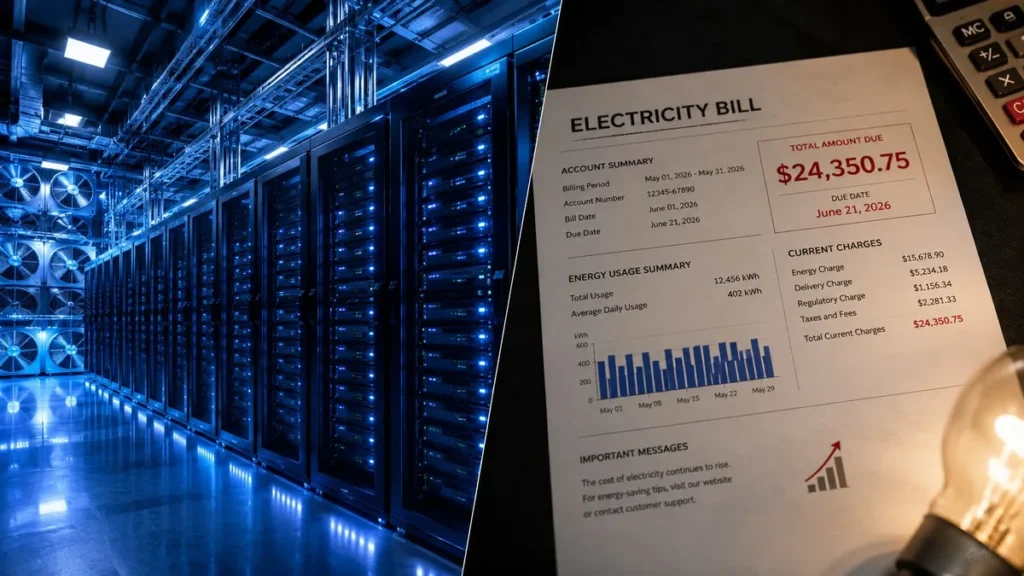 AI data center server racks beside a rising household electricity bill — PJM grid cost impact 2026