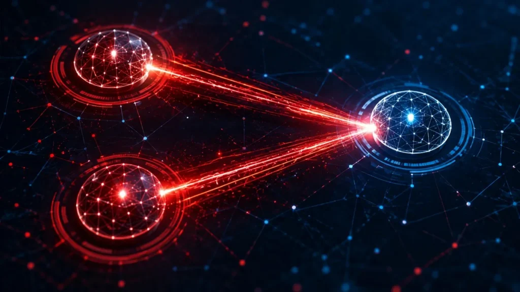 Anthropic’s AI Agents Started a Turf War — With Self-Replicating Malware Three AI agent network nodes in conflict, red attack lines between automated systems