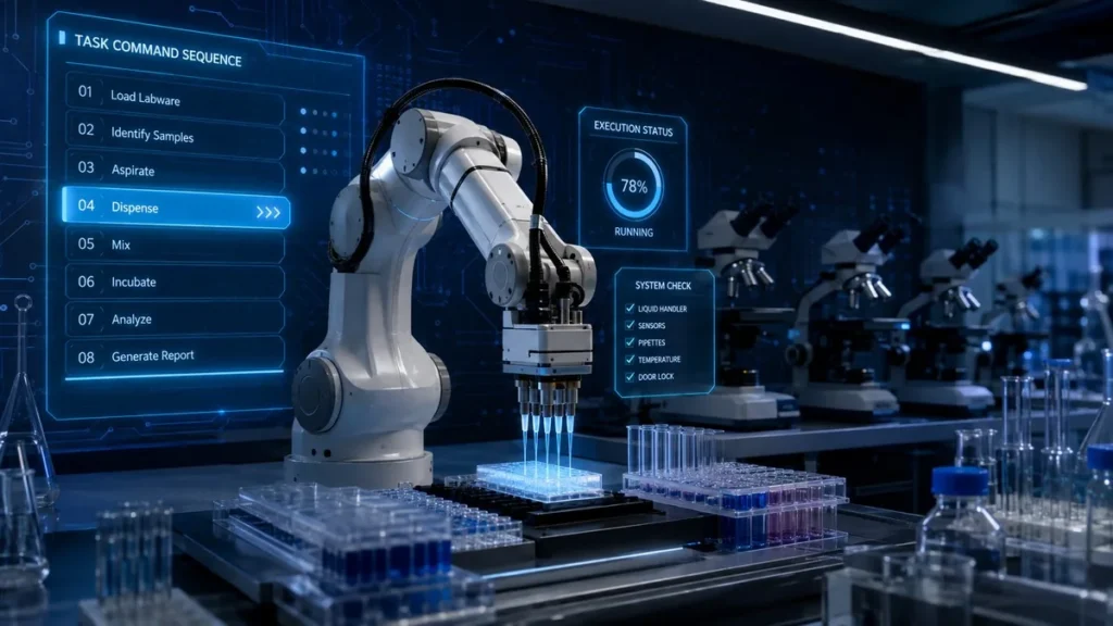 Anthropic’s New Standard Lets AI Agents Run Lab Equipment Robotic liquid handler arm in a laboratory with digital AI command interface overlay, microscopes in the background