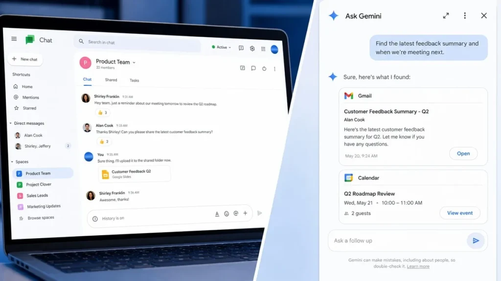 Google Chat Adds Ask Gemini: Search Gmail, Drive, and Calendar From Any Thread Google Chat Ask Gemini panel showing Gmail and Calendar search results within a conversation thread