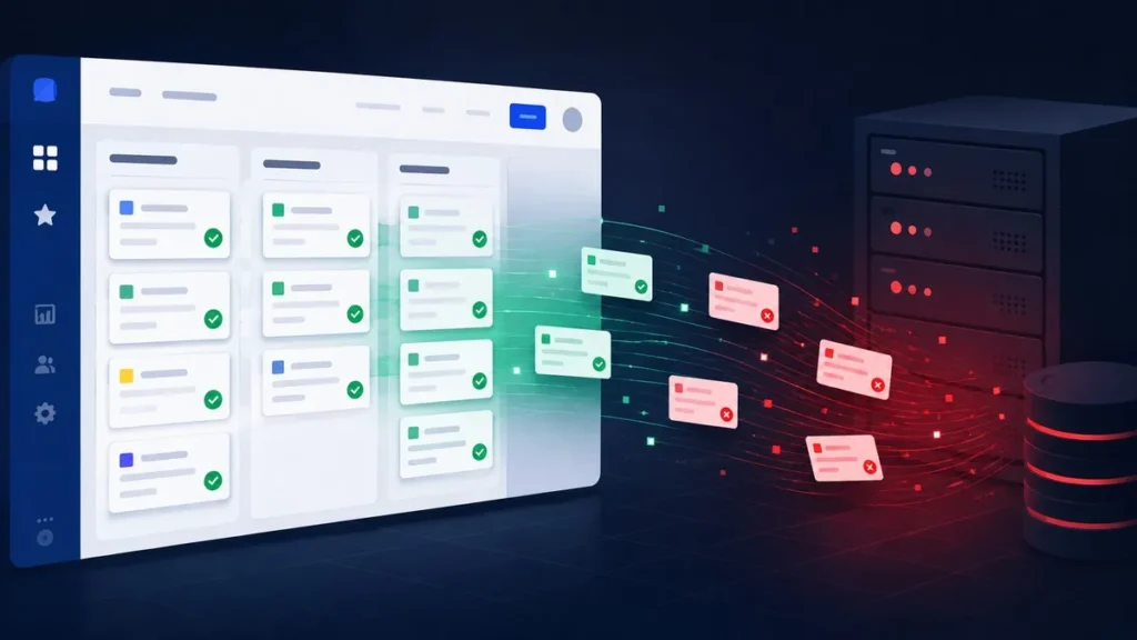 Ticket cards leaking from a project management board toward an external attacker server